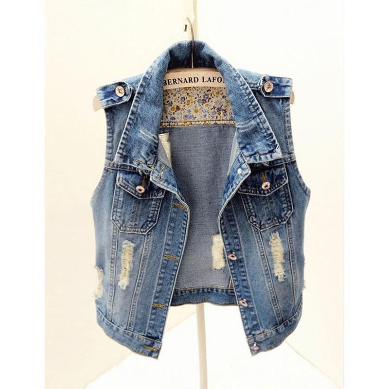 Große Größe Ärmellose Slim Hole Jeansjacke Westen Casual Tops Einreihige Damen Jeansjacke Weste Kurze Oberbekleidung