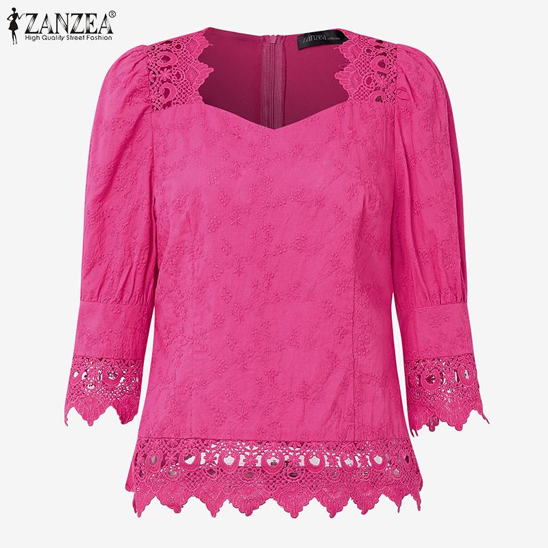 ZANZEA Women Casual Lace Crochet Patchwork Summer 3/4 Sleeve Blouse