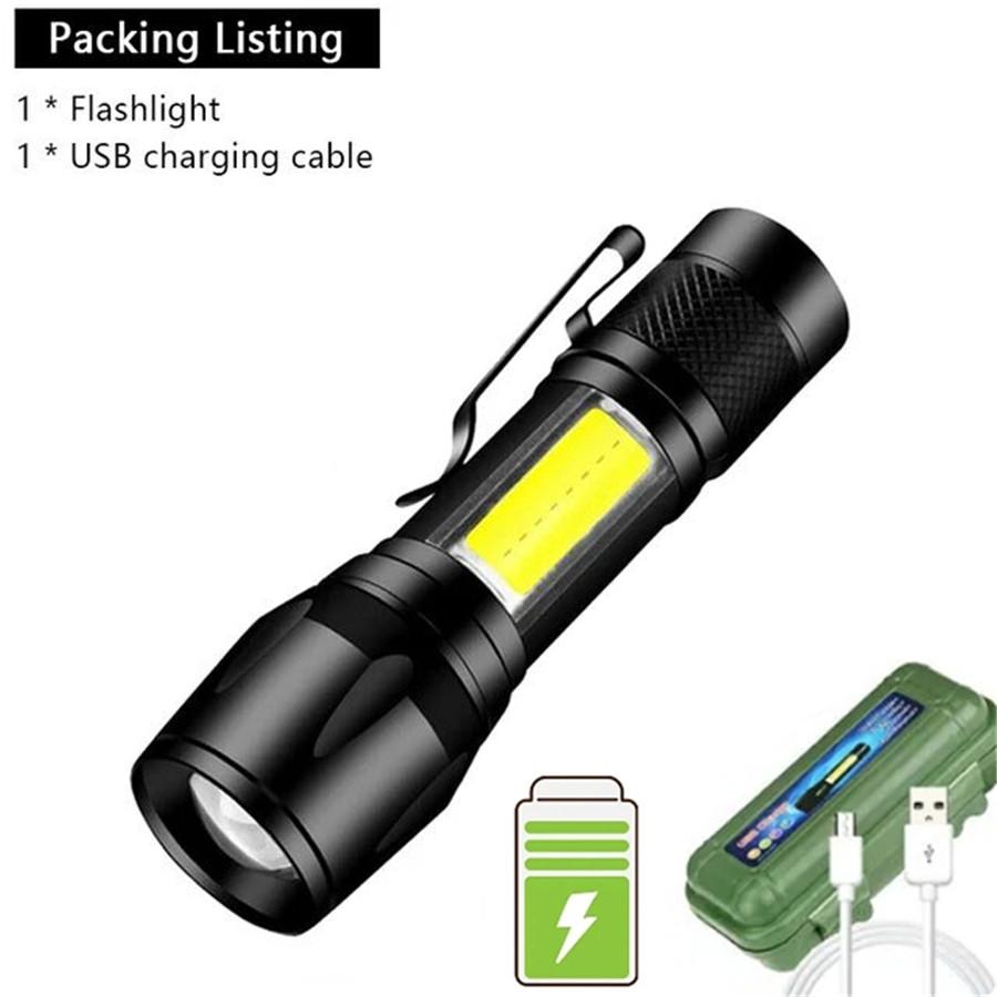 Mini LED USB Charge Flashlight COB+XPE Portable Torch Camping Lantern Zoomable Focus Light Tactical Flashlight with Pen Clip
