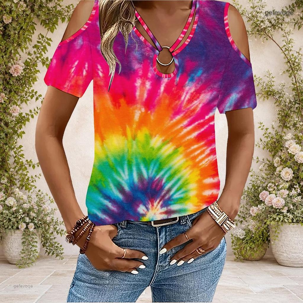 Women Plus Size Keyhole Ring Neck Cold Shoulder Short Sleeve Tie Dye Print T Shirt