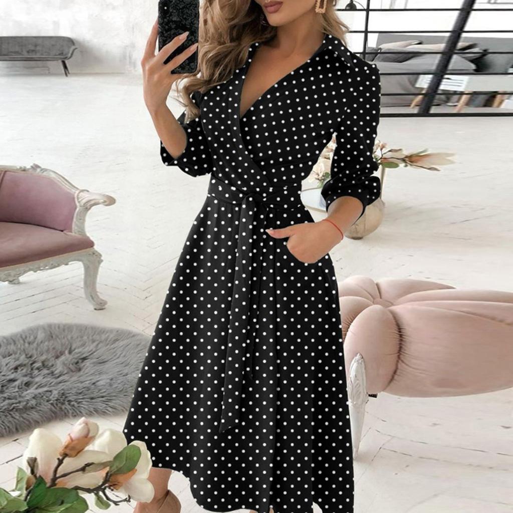 Fashion Women's Casual Lapel Printed Seven-Part Sleeve Dress Long Dress