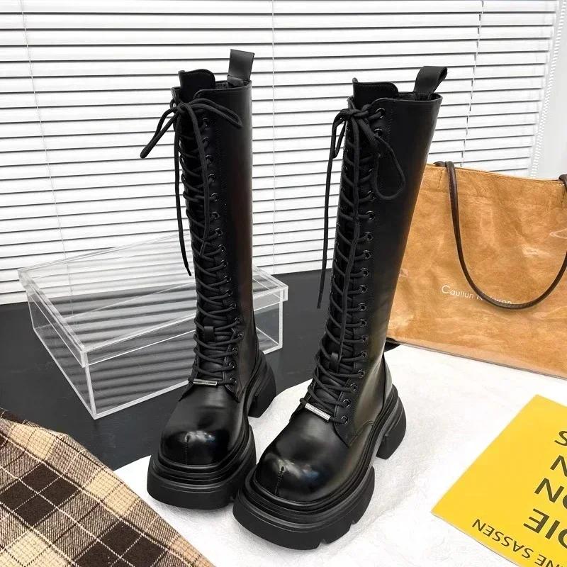 Women's Fashion Boots High Boots Front Lacing High Tube Middle Follow Thick Sole High Boots Solid Color Round Head Platform Shoe
