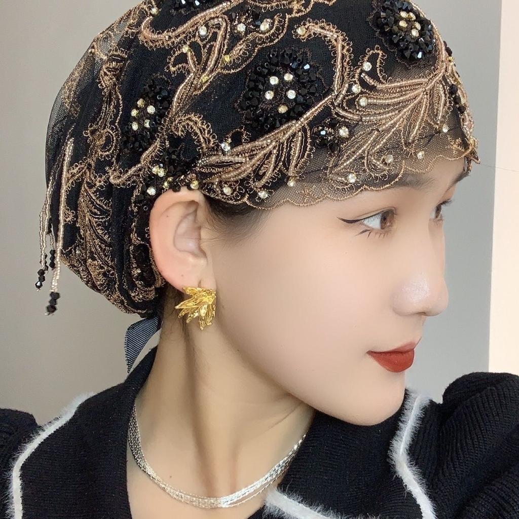 Double-Layer Fish Tail Tassel Hat Ageless Lace Turban Scarf Hair Cover