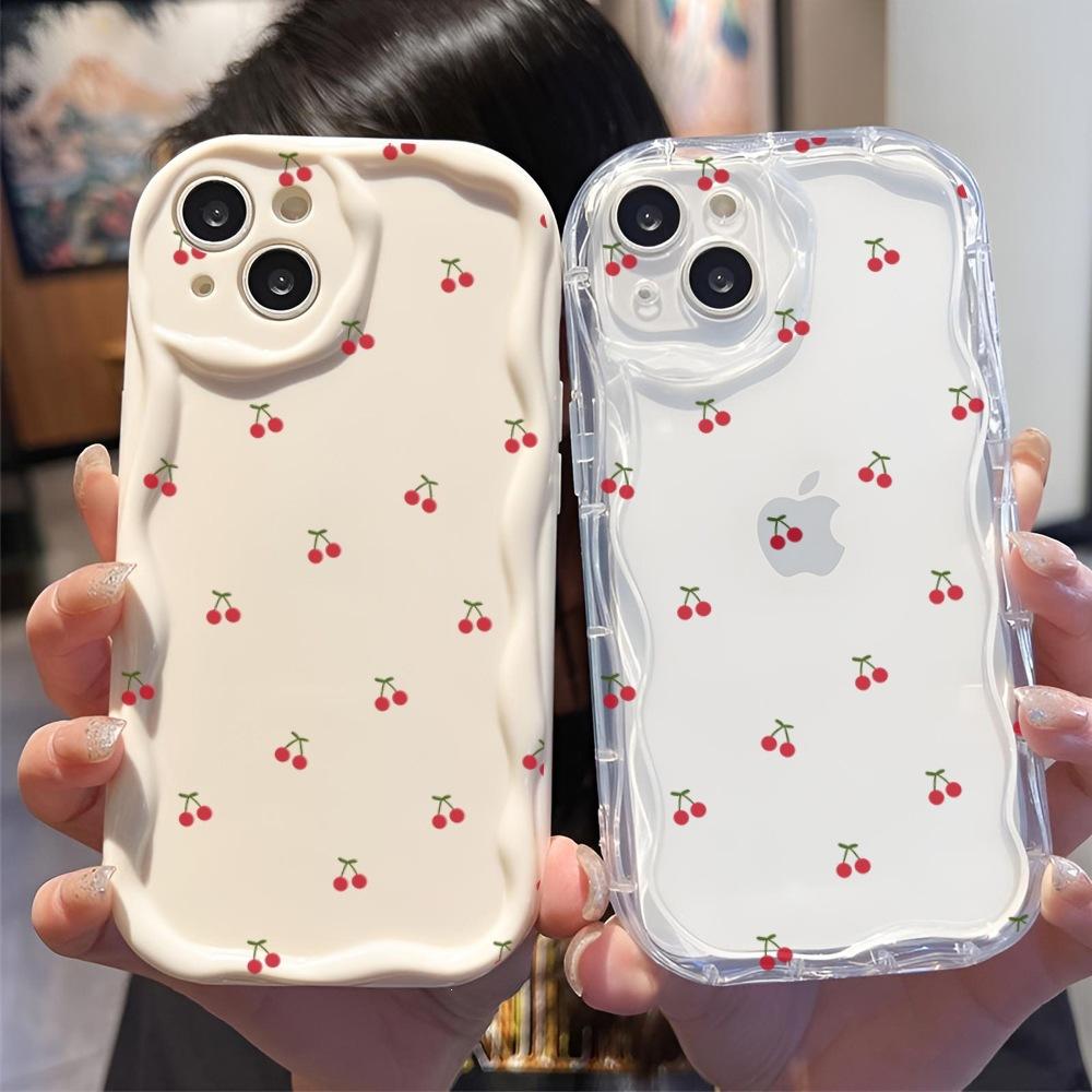 Amazon hot-selling little cherry Apple 13pm mobile phone case iPhone16 floral mobile phone case IP15 wave soft case
