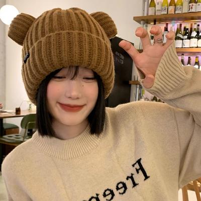 Cute Bear Ears Knitted Wool Hat Women's Winter Loose Ear Hat