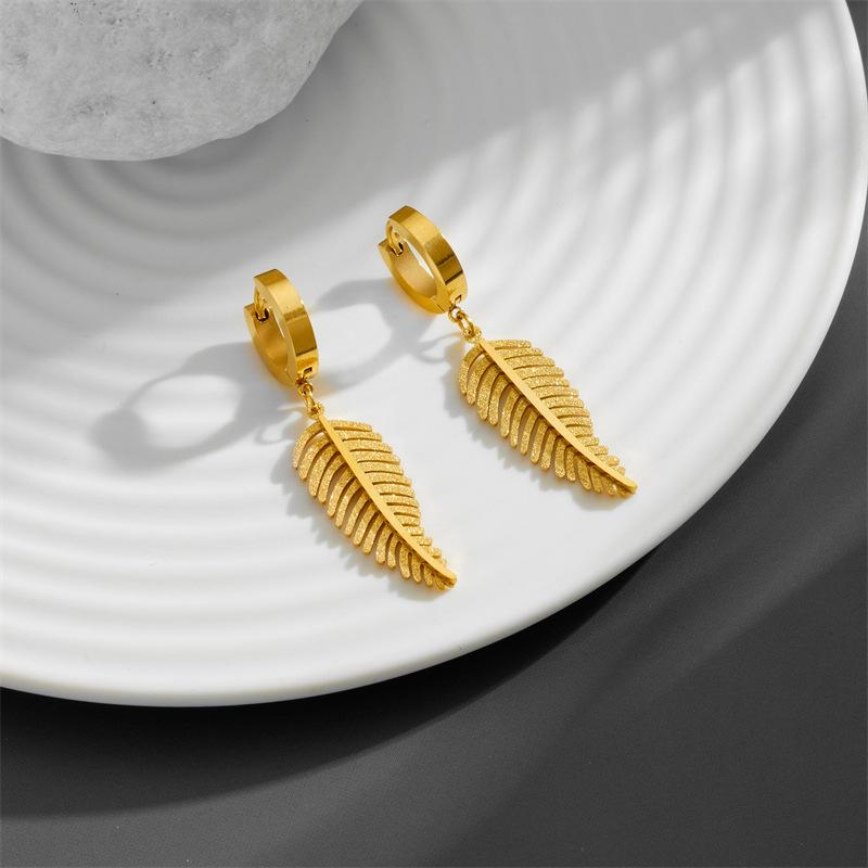 Minimalist Titanium Steel Feather Pendant Earrings