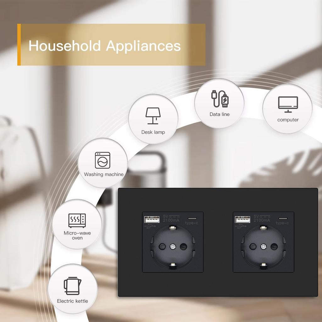 BSEED Einzelne EU-Wandsteckdose Doppel-USB-Steckdosen Typ C Dreifache Steckdosen Vier Steckdosen USB-C-Anschluss 2,1A Kunststoffrahmen