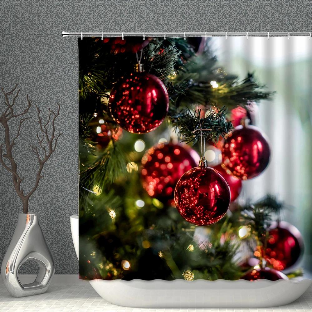 ChristmasTree Bells Shower Curtain Set Happy New Year Waterproof Polyester Cloth Curtains With Hooks Bathroom Home Decor
