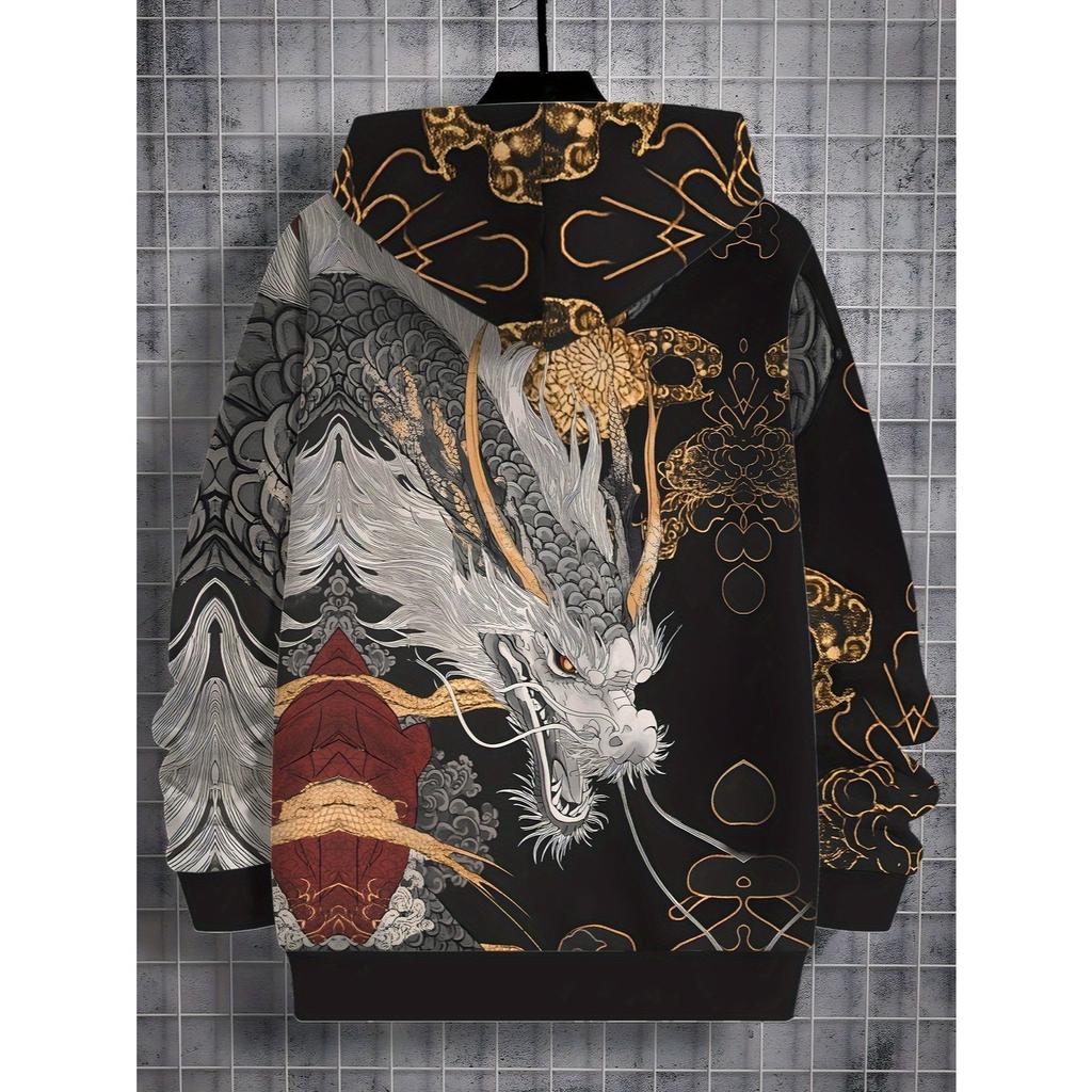 Boy Dragon Pattern Hoodie -3D Digital Printed Warrior Style Black Gold Anime Manga Style, Casual Hoodie, Suitable for Spring and Autumn