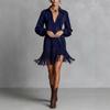 European and American Imitation Deerskin V-neck Solid Color Dress, Black Style Hem Fringed Long-sleeved Lapel Dress Women