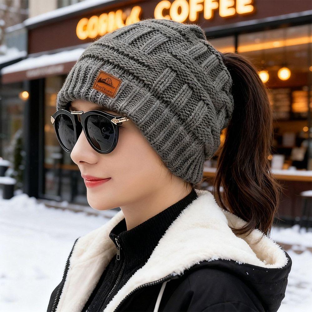Fashion Crochet Ponytail Winter Hats Knitted Solid Color Beanies Hat Warm Ear Protection Skullies Autumn
