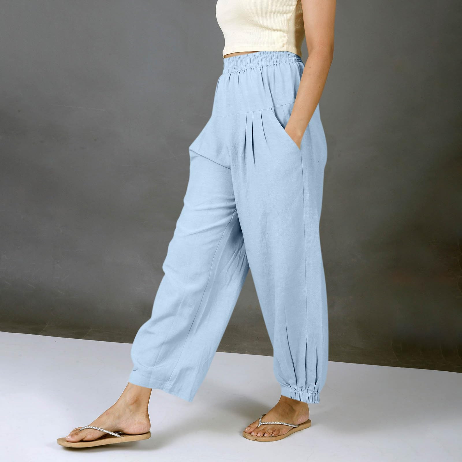

Women s Fashionable Casual -Color Cotton-Linen Trousers With Elastic Waistband And Pockets XL