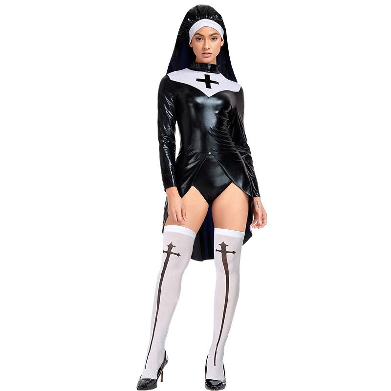 Leather nun uniform halloween costume PU leather punk nun costuecos