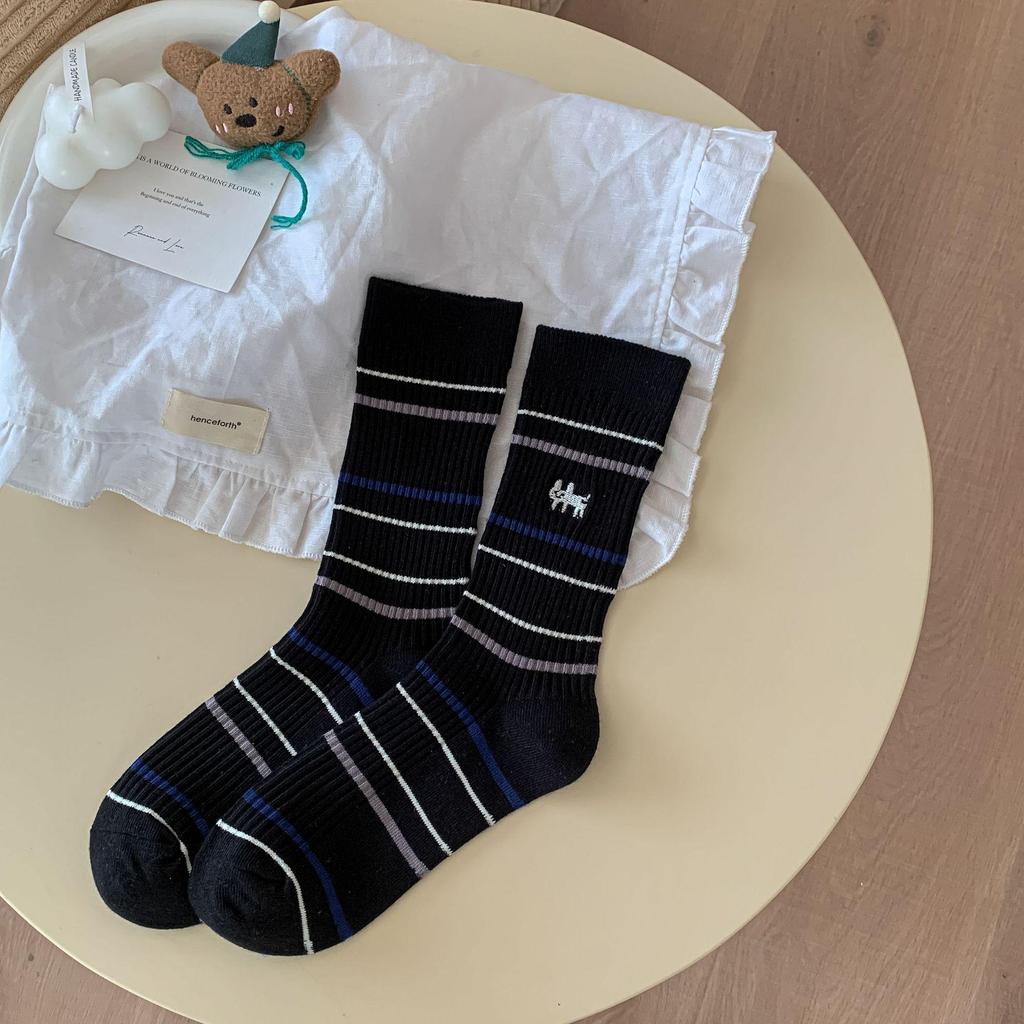 Zhuji Women's Autumn/Winter Mid-Calf Cartoon Puppy Embroidered Striped Socks