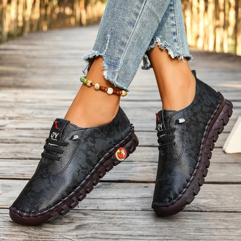 New Plus Size Flat Single Shoes Round Toe Lace-up Deep Mouth Soft Sole Soft Slip Non-slip Low-top Women's Casual Leather Shoes
