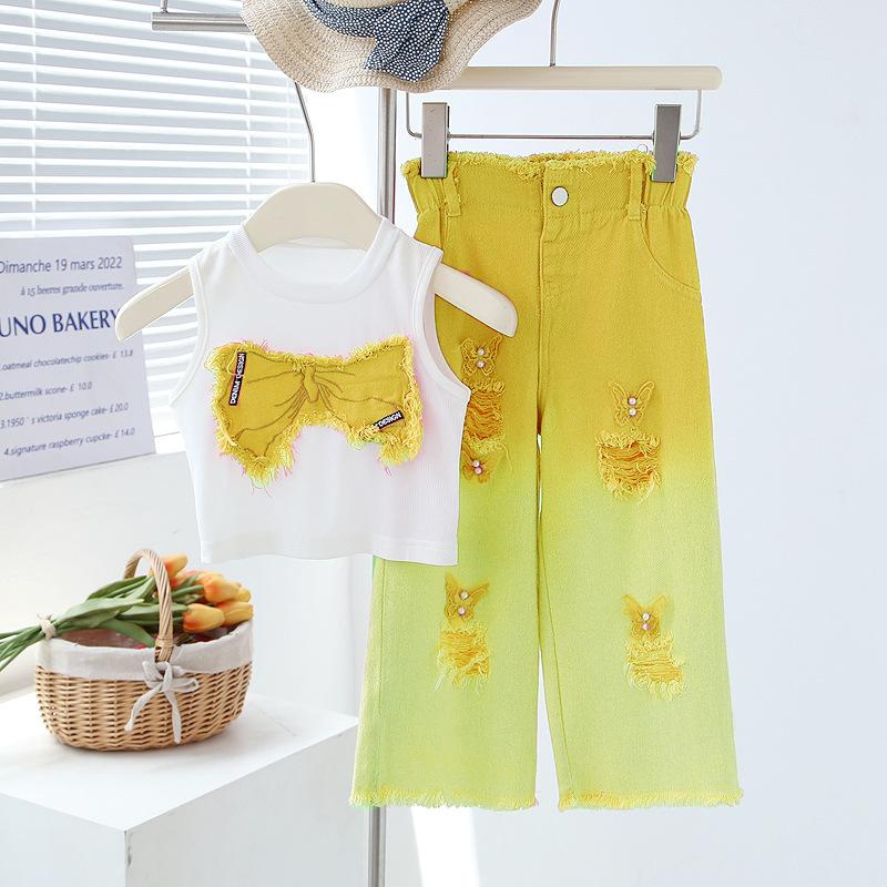 Sommer Set für Mädchen: Rundhals-Ärmelloses Kurzarm-T-Shirt + Ausgefranste Jeans Zweiteiliges Set Outfit für ältere Mädchen