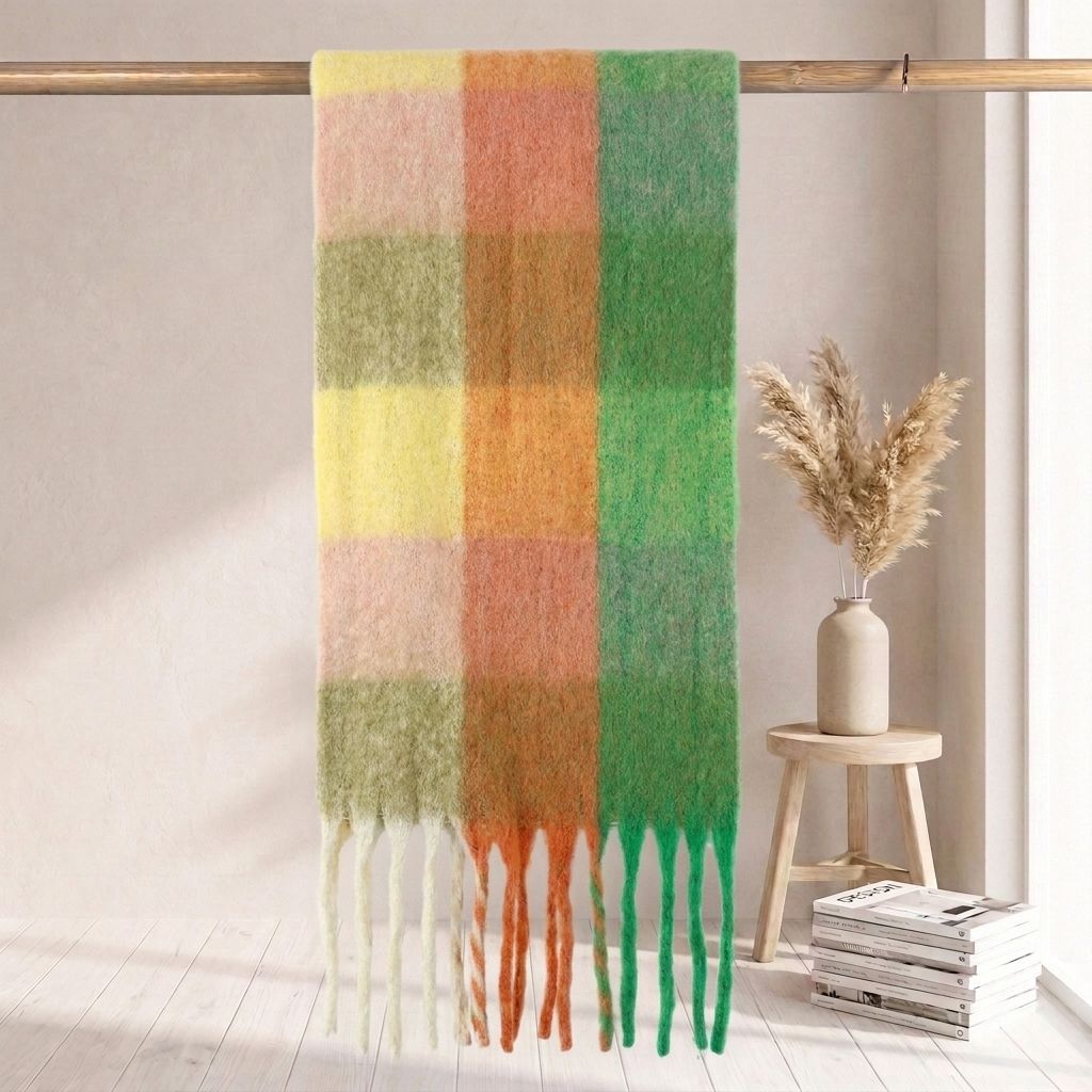 | Imitation mohair plaid scarf | Autumn and winter warm AC grid | Support LOGO customization