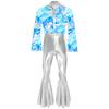 Mens Flashy Disco Jumpsuit Flared Sleeves Turn Down Collar Stylish Printed Bodice Metallic Bell Bottom Bodysuit