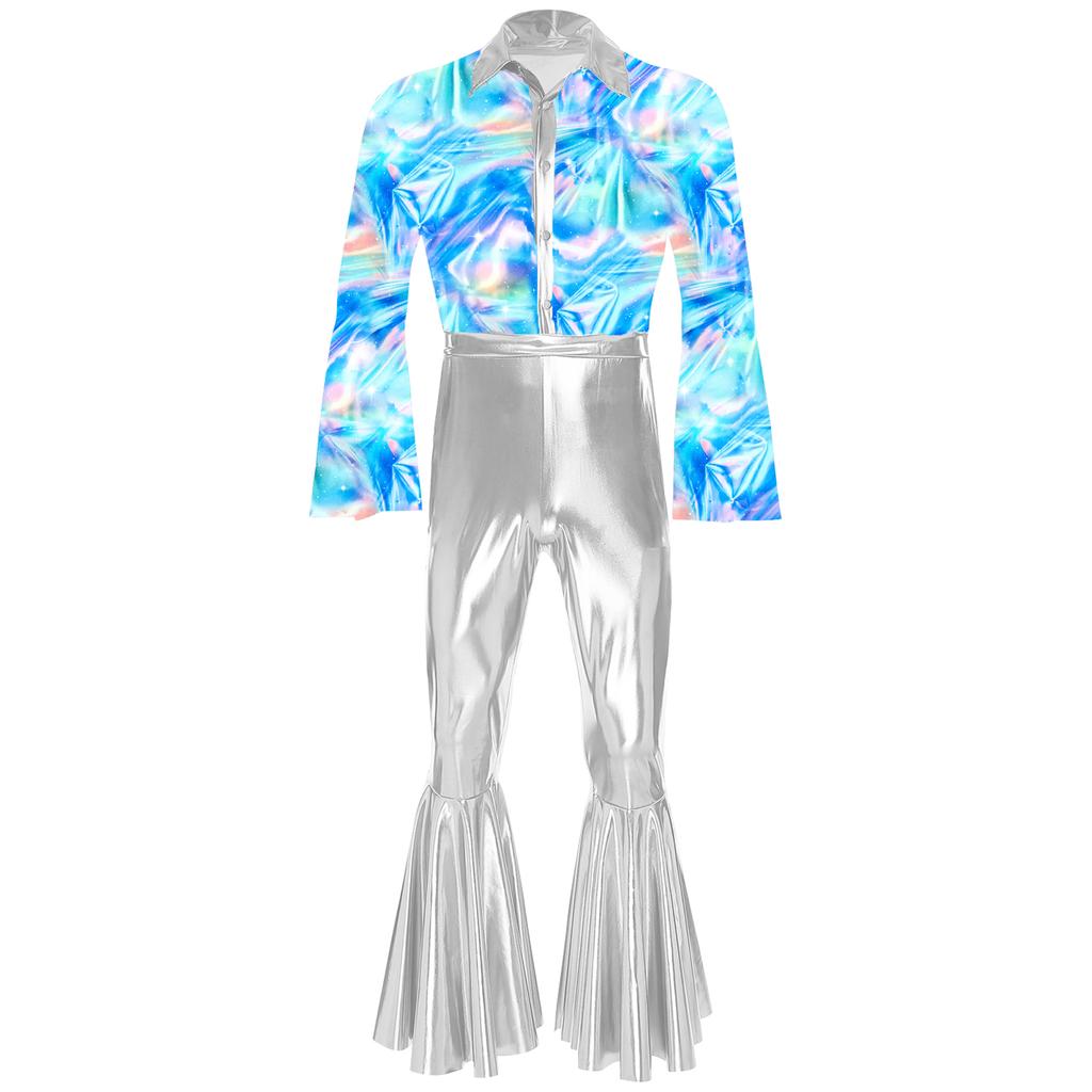 Mens Flashy Disco Jumpsuit Flared Sleeves Turn Down Collar Stylish Printed Bodice Metallic Bell Bottom Bodysuit