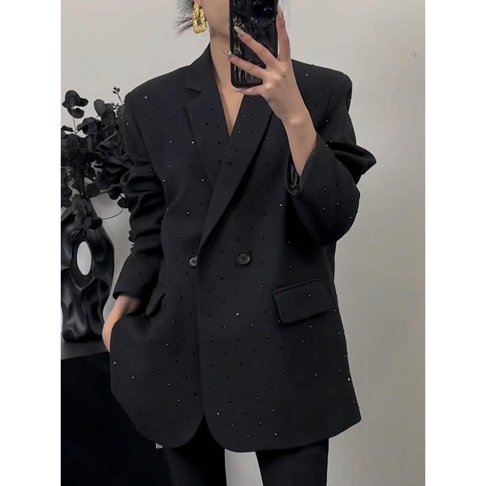 

Женский блейзер с высококачественными стразами 2024 - Блестящий черный пиджак-костюм средней длины с широкими штанинами L