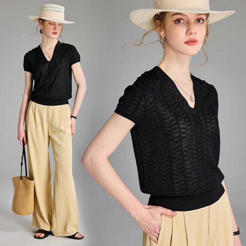 Textured Tencel Jacquard V-Neck T-Shirt S чёрный