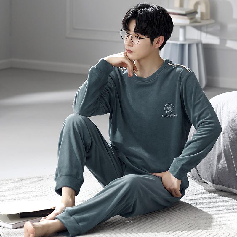 Autumn And Winter Coral Fleece Pajamas Men'S Fleece Pullover To Keep Warm Green Island Fleece Loungewear Thin Suit Spring And Autumn