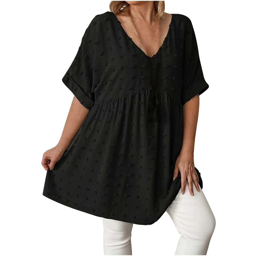 Women's Fashionable Casual V-Neck Plus Size Oversized Top With Pom-Pom Accents