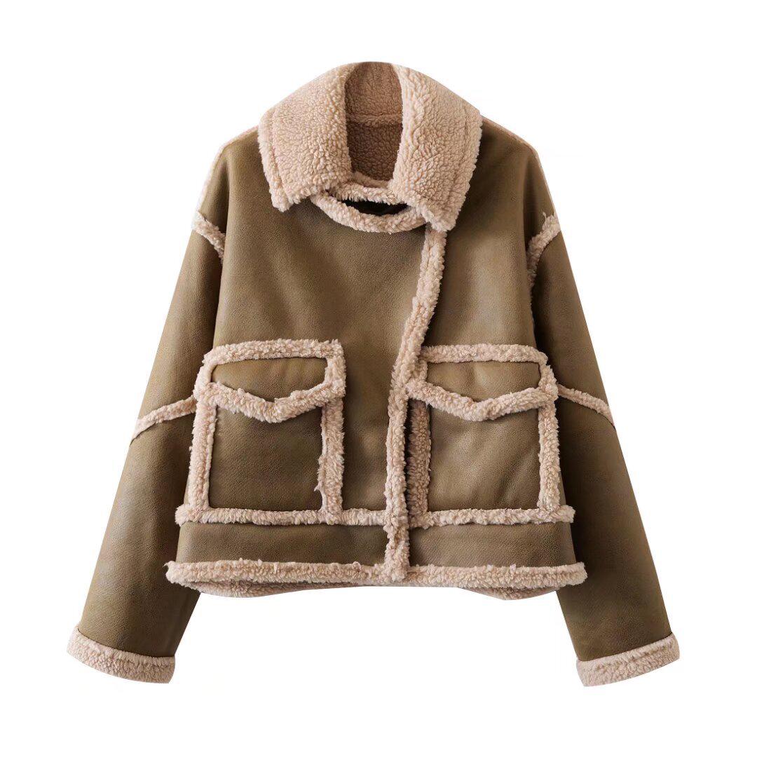 

Женская мотоциклетная куртка из ретро кожи и меха 2024 года - Европейский/Американский зимний стиль S коричневый