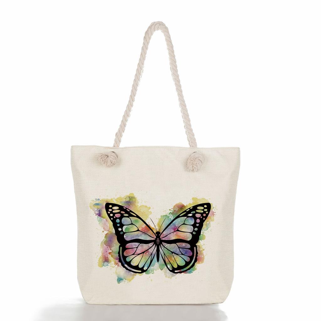 Multifunctional Flowers and butterflies Printed Thick Rope Shoulder Beach Bag Casual large capacity handbag 7615 KTB