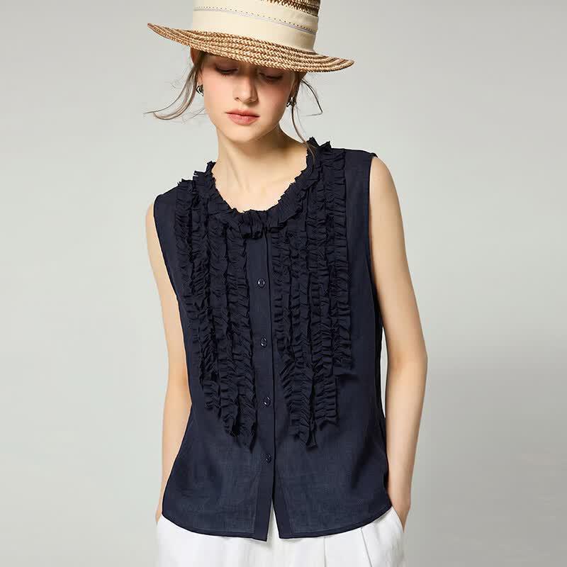 Women s Tencel Linen Sleeveless Ruffle Blouse XL