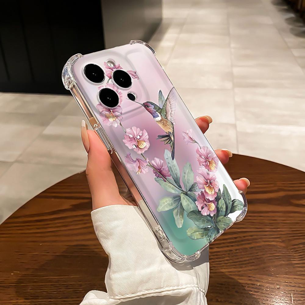 Flower Bird Design Soft Phone Case For iPhone 16 13 14 11 12 15 Pro Max XR 8 7 Plus X XS Max Mini SE 2020 Shockproof Clear Cover