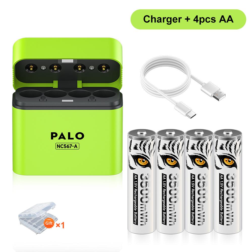 

PALO AA Rechargeable Li-ion Battery with 1.5V AA Batteries Intelligent Charger Box 3500mWh lithium Batteries for Gamepad Toys 4 AA battery 1charger