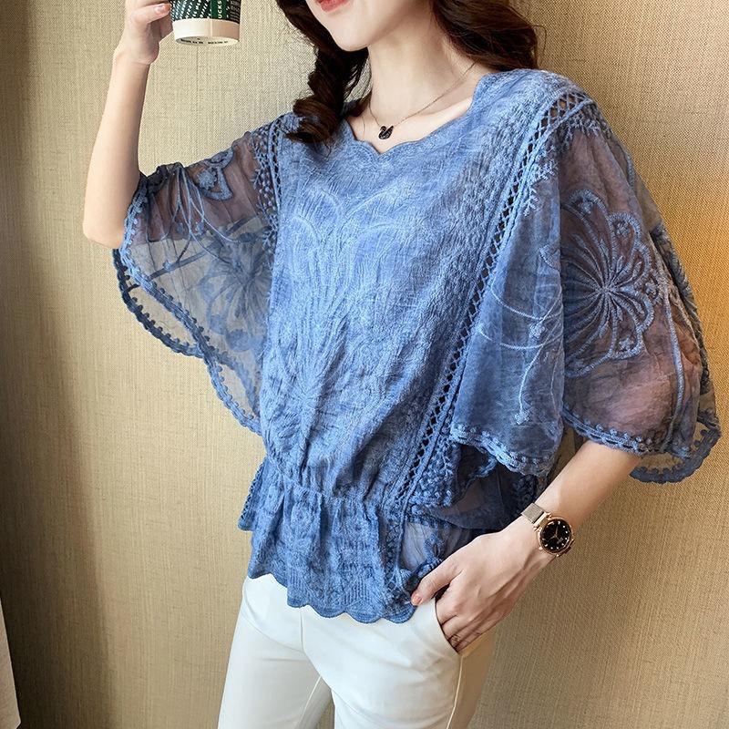 Flower Half Sleeve Shirt Women Elegant Fashion Chiffon Blouse Summer Cotton Edge Lace O Neck Loose Shirt