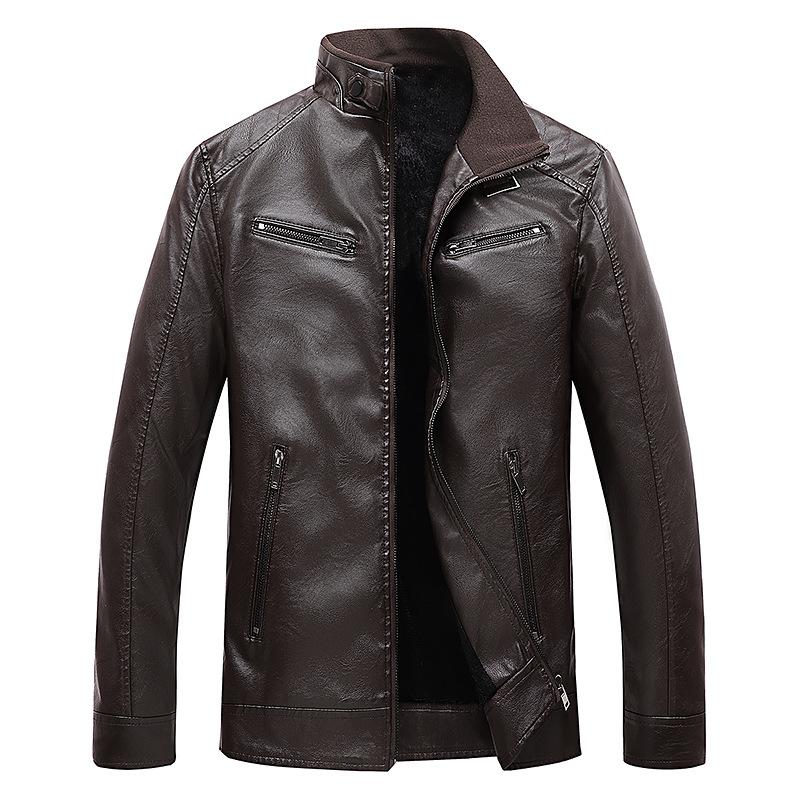 Autumn and Winter New Motorcycle Leather Jacket Men's Medium-green Leather Jacket Stand Collar Casual Simulated Leather Men's Jacket