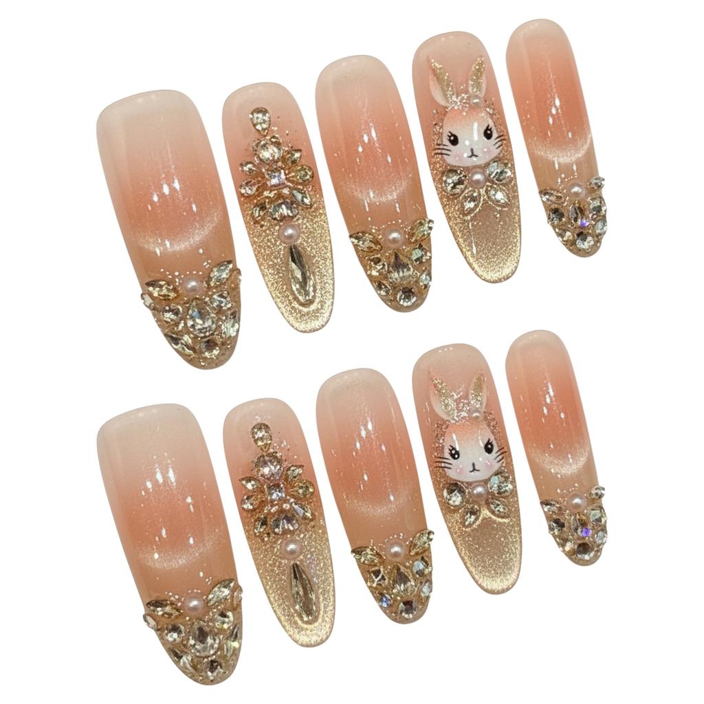 10 Pcs Glossy Long Oval False Nails with Rhinestone Decor Press On Nails 3D Bunny Design Artificial Nails For Women Girls