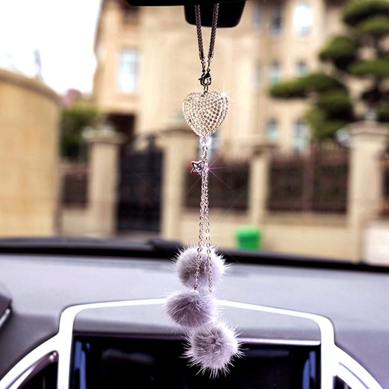 Rhinestone Crystal Plush Pendant Auto Rearview Mirror Ornament Bling Car Mirror Hanging Accessories Car Interior Decoration