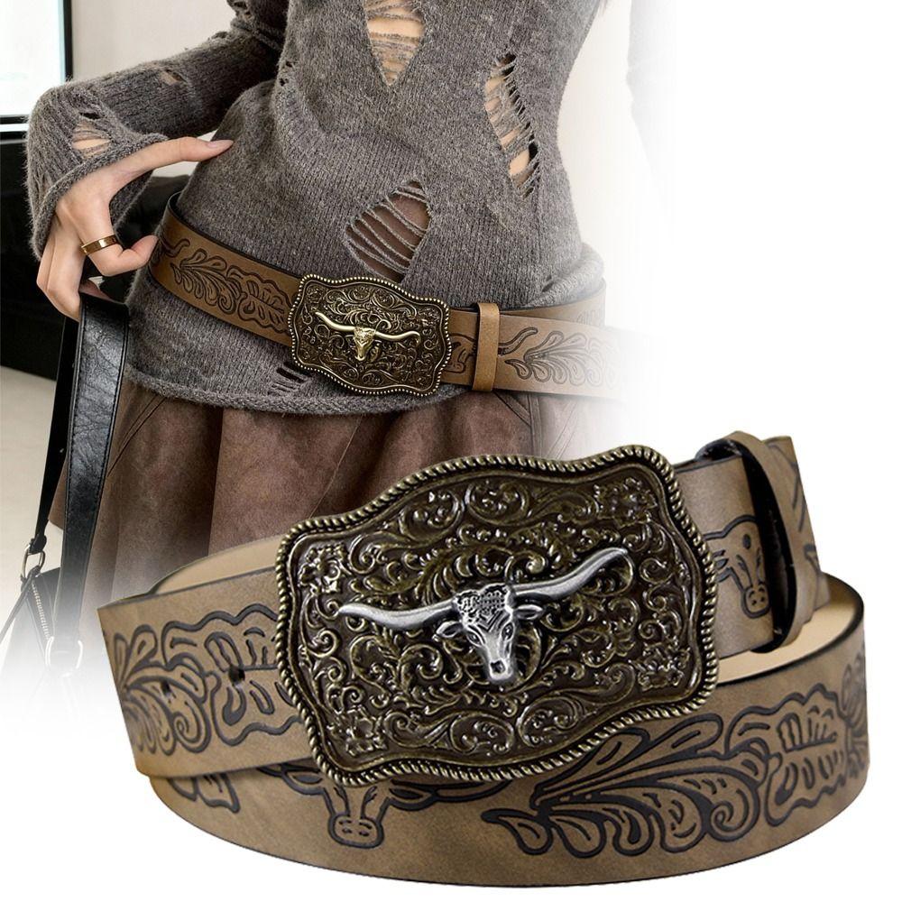Cow Head Buckle Western Cowboy Belt Retro Waistband Fashion Embossed Belt  For Man Women