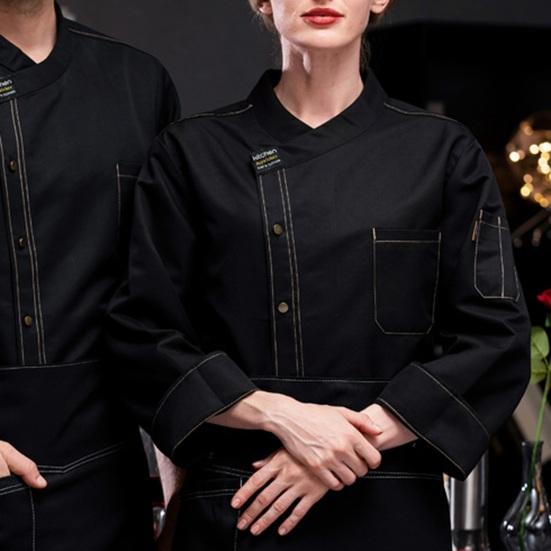 Şef Gömlek Uzun Kollu Gevşek Stand Yaka Tek göğüslü Cep Düz Renk Nefes Alabilir Yumuşak Unisex Mutfak Aşçı Gömlek Fırın Restoran Garson