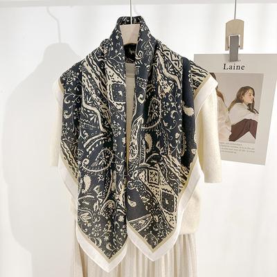 High-end  Elegant and Fashionable Temperament  Herringbone Square Scarf  Korean Niche Retro Ladies Plant Floral Printed Silk Scarf