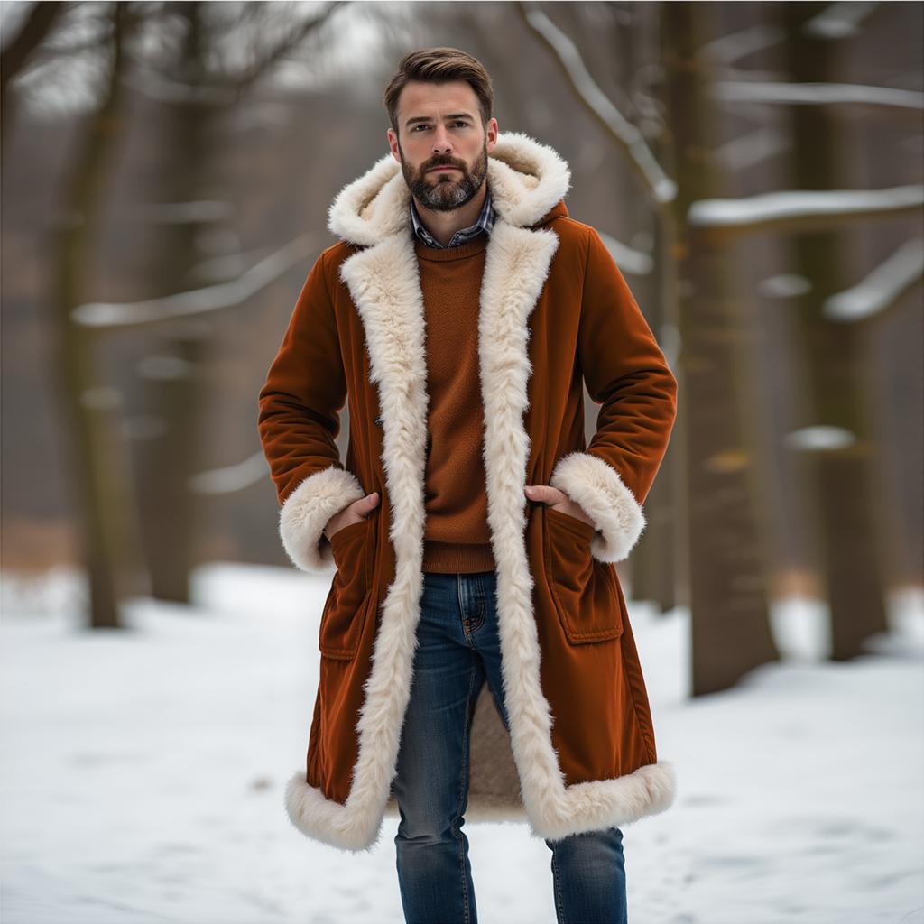 Men Fleece Lined Trench Coat Hooded Long Warm Jacket Wind Proof  Jacket Coat With Pockets