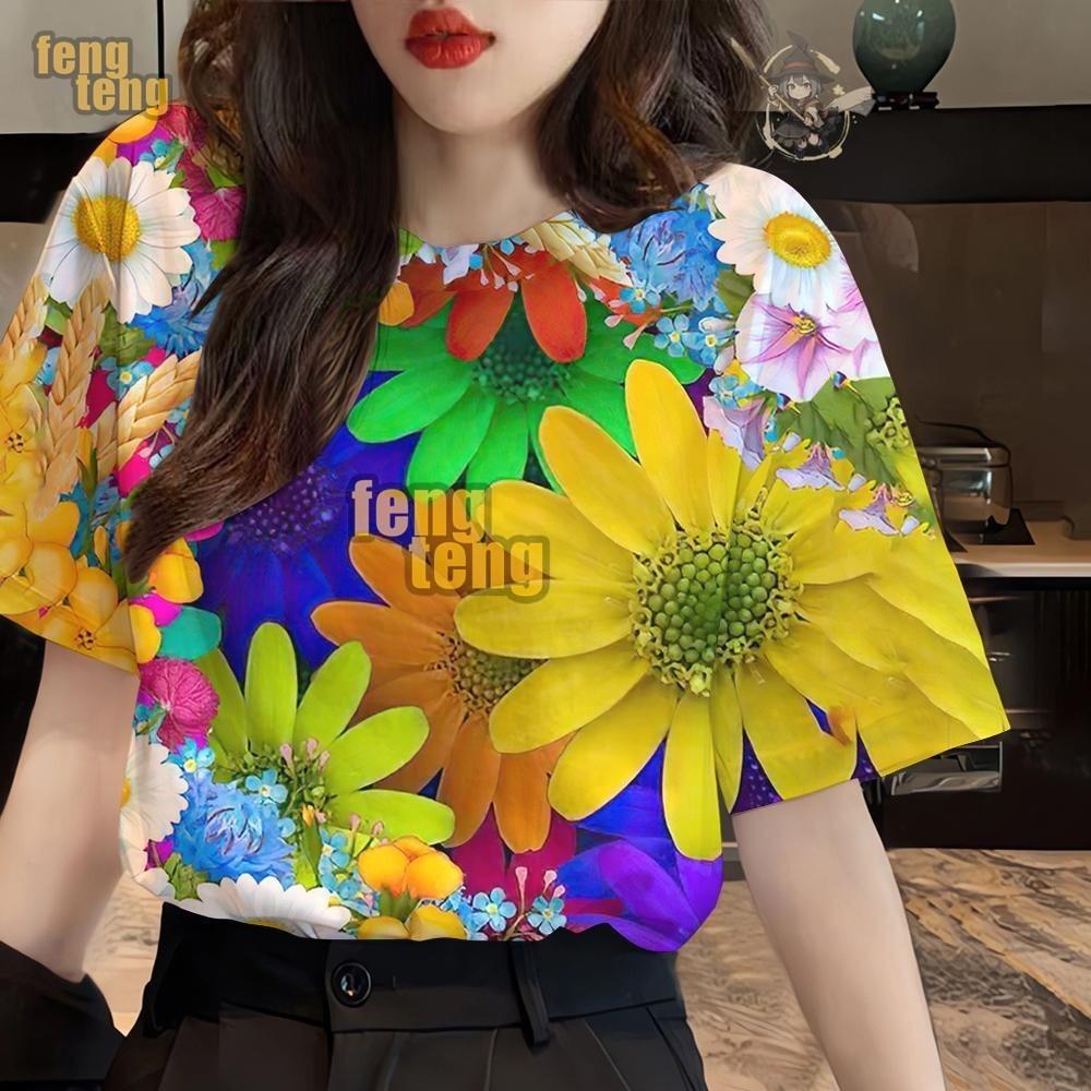 Sunflower pattern 3D printed women s T-shirt with rainbow flower pattern XS