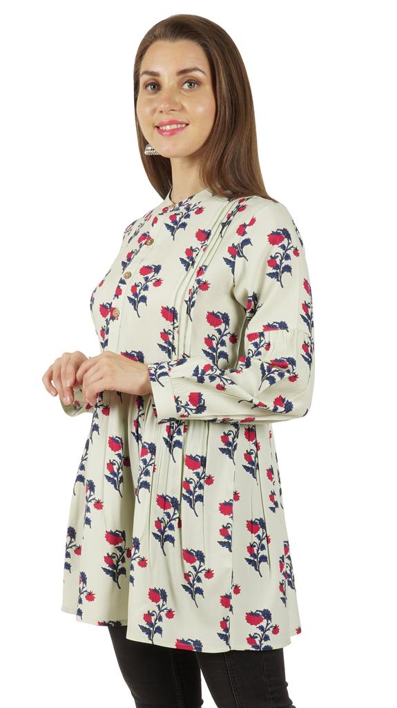 Moomaya Printed Womens Full Sleeve Tunic Mandarin Collar Fit & Flare Long