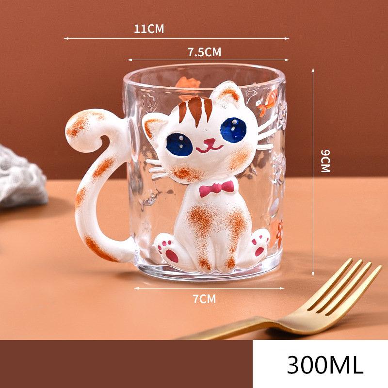 

Hand-Painted Relief Glass Cup Cute Cat Girls Kids Milk Coffee Mug Couple Creative Cat Tail Handle Water Cup 300ML 201-300ml помаранчевий