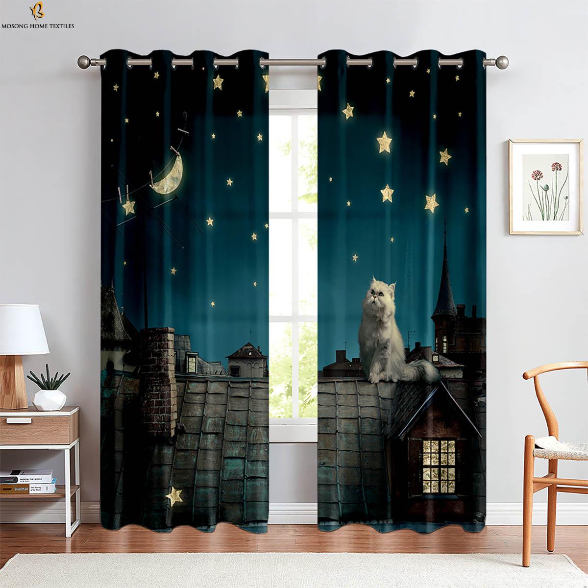 

Funny Astronaut Cat Cartoon Stereo Printing Curtains Bedroom Living Room Kitchen Decorative Household Supplies Curtain Set Of 2 Made Polyester W100*H130(CM)-Rod Pocket&2PCS