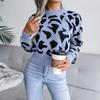 Leopard Print Knitted Crop Sweater Women Autumn Winter Long Sleeve O Neck Nipped Tops Sizes S to L