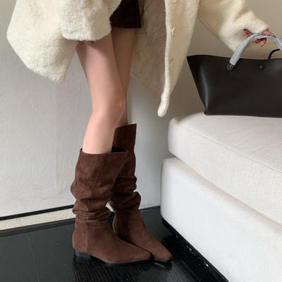 Western Cowboy Boots Women's Coarse Heel Suede Low Heel Skinny Big Tube Around Long Tube But Knee Retro Folded Pile Boots Women