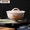125ml Hand Drawn Pink Orange Blossom High Footed Gaiwan Antique Tea Tureen Tea Bowl With Lid Kit Tea Maker Cover Bowl Drinkware