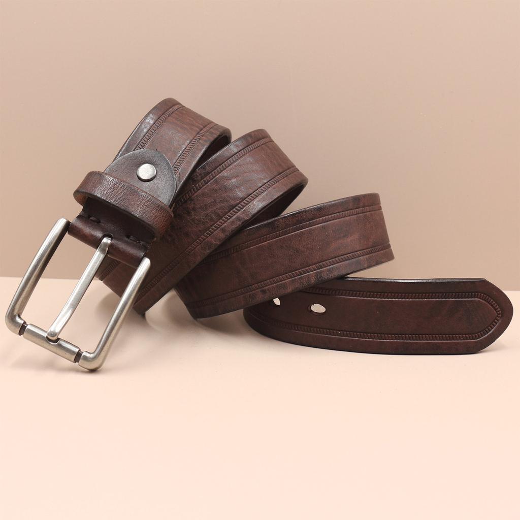 Embossed Retro Old Fashion Trendy and Personalized Cowhide Leather Belt Men's Genuine Leather Pin Buckle Jeans Belt Men's Style