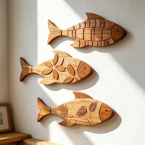3Pcs/Set Bathroom Fish Wall Decoration, Rustic Wooden Fish Wall Art Sculpture, Nautical Wall Hanging Ornament for Beach Lake House