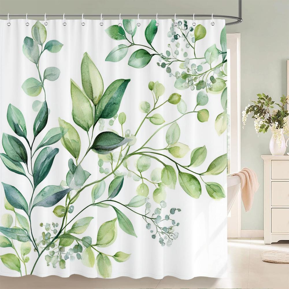 Fresh Green Leaves and Plants Pattern Shower Curtain Printed Leaves Bathroom Bath Curtain Home Decoration Curtain With Hooks